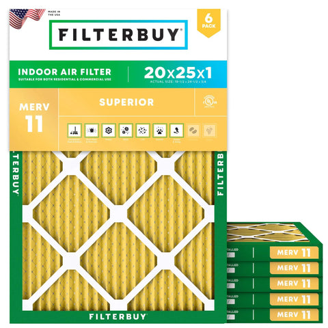 Front view of 6 Pack 20x25x1 MERV 11 Pleated Air Filter for pet and allergen defense, electrostatic replacement for HVAC AC systems.
