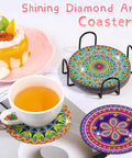 Diamond Painting Coasters Kit With Holder And Accessories, 8 Mandala Coasters For Beginners And Kids displayed with tea cup