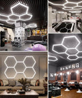 Hexagon LED Garage Light 5-HEX 240W 5000K Daylight installed in various settings including home gym, detailing bays, and lounge area.