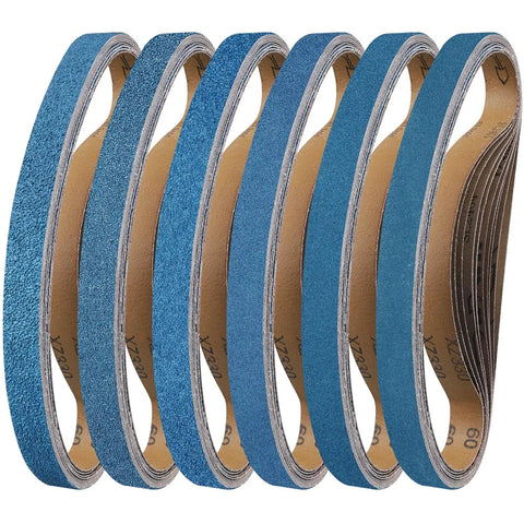 Tough As Nails 1 1/2 X 30 Inch Zirconia Sanding Belt 180 Grit 15 Pack displayed in a row, highlighting the durable design.