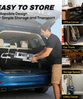 Man storing Heavy Duty 3 In 1 Convertible Hand Truck Dolly With 600 Pound Capacity Folding Rolling Cart in car trunk.