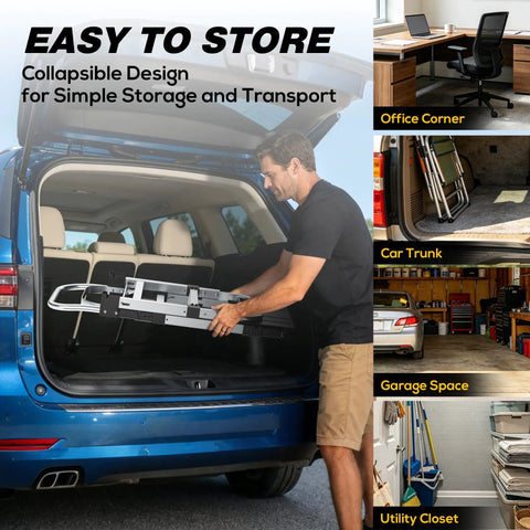 Man storing Heavy Duty 3 In 1 Convertible Hand Truck Dolly With 600 Pound Capacity Folding Rolling Cart in car trunk.