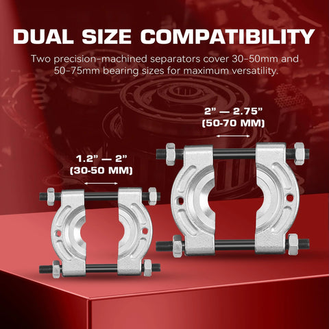 Bearing Puller And Splitter Set For Automotive Use 5 Ton Capacity shown with dual-size compatibility details