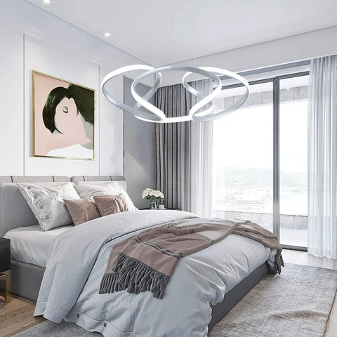Bedroom with Modern LED Pendant Light With Irregular Ring Design, Contemporary Chandelier For Dining Room, Adjustable Ceiling Hanging Lighting Fixture, Silver Finish 6000K Daylight, 60W Non Dimmable