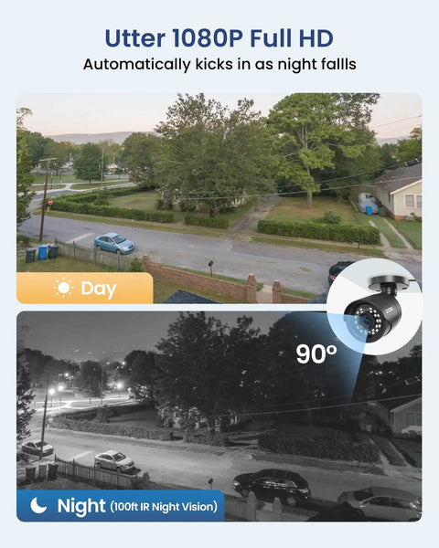 Day and night view using 5MP 3K Lite CCTV Security System with AI Human And Vehicle Detection, showing weatherproof cameras.
