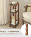 Three Tier Narrow Side Table With Storage For Small Spaces next to a chair, rustic brown wood finish, shows vintage design detail.