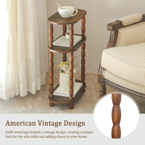 Three Tier Narrow Side Table With Storage For Small Spaces next to a chair, rustic brown wood finish, shows vintage design detail.