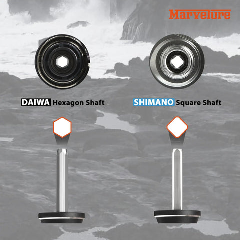Comparison of Daiwa hexagon shaft and Shimano square shaft for fishing reels.