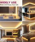 Ambient lighting with COB LED Strip Light Warm White 3000K High Density Tape in kitchen, bedroom, bathroom, and living room settings.