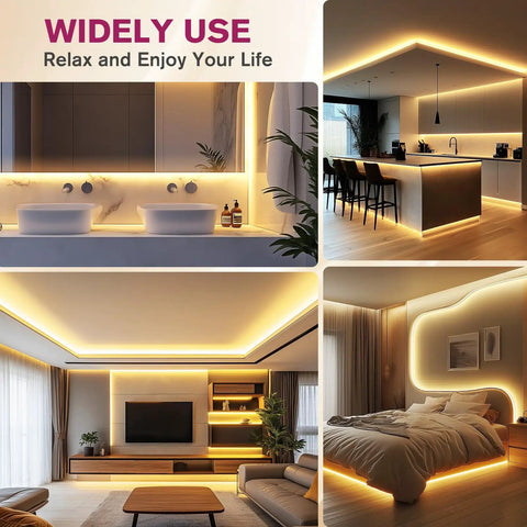 Ambient lighting with COB LED Strip Light Warm White 3000K High Density Tape in kitchen, bedroom, bathroom, and living room settings.
