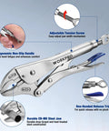 2-Piece Locking Pliers Set With 6.5 Inch Long Nose And 10 Inch Curved Jaw For Boss Grip, CR-MO Steel, features and uses highlighted