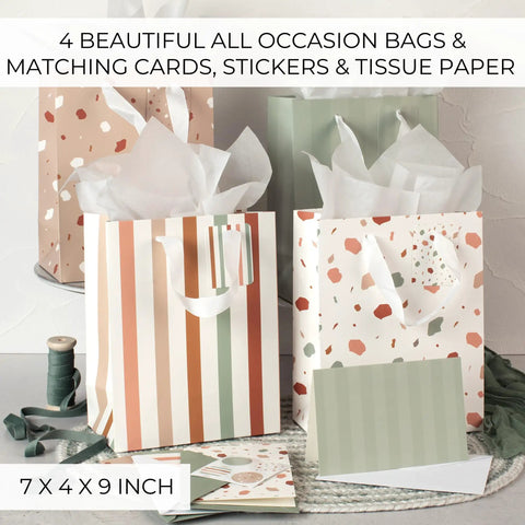 Grab And Go Medium Sized Gift Bag Set With Handles, 9 Inch, Includes Matching Tissue Paper, Cards, Stickers, And Envelopes