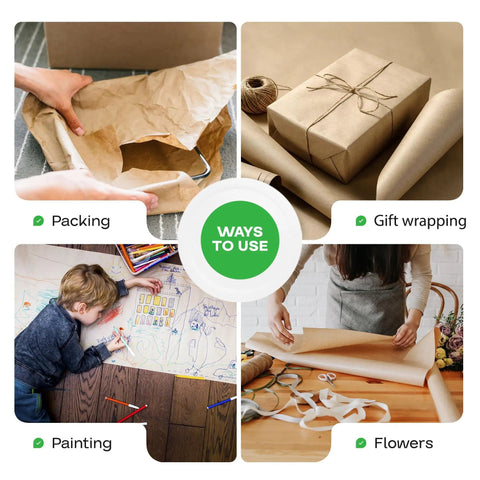 Various uses of Heavy Duty Brown Kraft Paper Roll 36 In By 720 Ft 50 Lb Thick Packing Wrapping Paper For Moving Shipping And Crafts Natural Recyclable Kraft Non Coated Usa Made, including packing, gift wrapping, painting, and flower arranging.