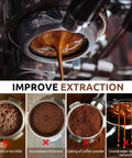 Boss Level 58mm Bottomless Portafilter With Genuine Black Walnut Handle For Breville Models shown improving espresso extraction.
