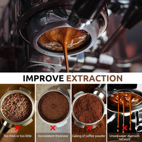 Boss Level 58mm Bottomless Portafilter With Genuine Black Walnut Handle For Breville Models shown improving espresso extraction.