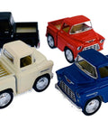 Chevy 1955 Stepside Pickup Die Cast Set Of 4 With Pullback Action In Black Red Blue Cream 2 Inch Long Toys For Kids And Collectors