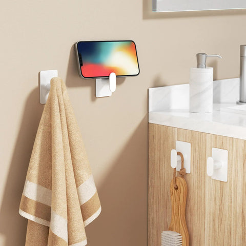 Zero Stress Hanging With These Badass Adhesive Towel Hooks Four Pack Delivers Rock Solid Twenty Pound Grip Using Super Dense Double Sided Tape Sticks To Any Surface Instantly While Minimalist White Design Blends Right In And Waterproof Build Fights Off