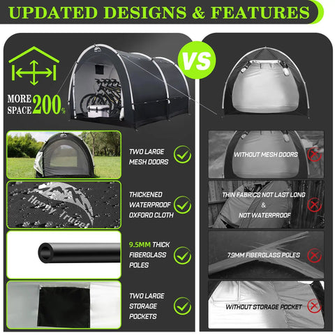 Comparison chart of oversized outdoor bike storage tent shed with window waterproof shelter features and specifications.