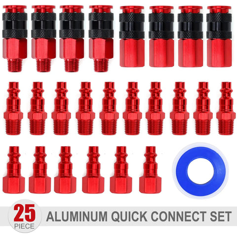 25 Piece Set One Quarter Inch NPT Air Coupler And Plug Kit Quick Connect Fittings Aluminum Industrial Connector Set Durable Construction With Sealant For No Leaks And Teflon Tape Included For Easy Leak Free Quick Connects