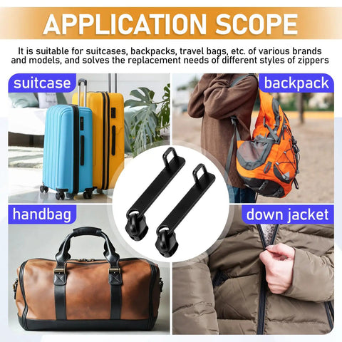 Image showing Universal Zipper Slider Replacement Kit For Luggage And Gear Ten Piece Set With Double Layer Pull Tabs use on suitcases, backpack, handbag, and down jacket.