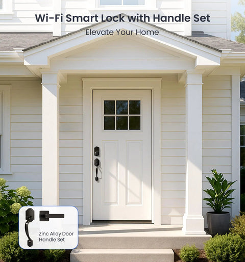 WiFi Smart Fingerprint Front Door Lock Set With Remote App Control Hands Free No Fuss Keyless Entry Deadbolt on white door