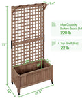 72 Inch High Horticulture Garden Planter With Trellis For Vine Climbing Plants Raised Outdoor Bed With Drainage Holes Durable Fir Wood Construction Sturdy As Heck Dark Brown Weatherproof Planter Box For Flowers showcasing dimensions and weight capacity.