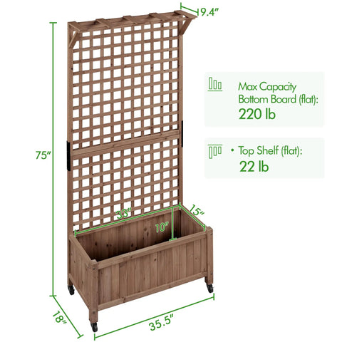 72 Inch High Horticulture Garden Planter With Trellis For Vine Climbing Plants Raised Outdoor Bed With Drainage Holes Durable Fir Wood Construction Sturdy As Heck Dark Brown Weatherproof Planter Box For Flowers showcasing dimensions and weight capacity.