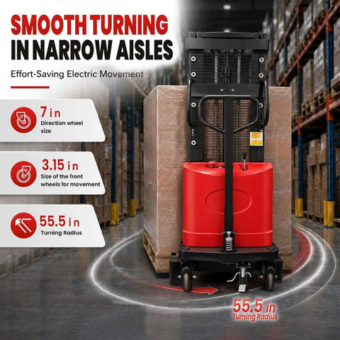 Heavy Duty Straddle Stacker Handles 3,300 Lbs With Semi Electric Lift For Tight Spaces And Tough Jobs featuring smooth turning and wheel specs.