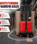 Heavy Duty Semi Electric Pallet Stacker With 3300 Lbs Load Capacity, 94.8 Inch Lift Height, Solid Carbon Steel Frame, Smooth 48V Battery System, showing smooth turning in narrow aisles.