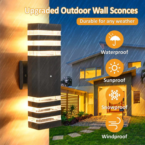 Outdoor Dusk To Dawn Wall Lights 2 Pack Up And Down Porch Lights For House Garage And Patio No Fuss Auto Sensor Energy Saving Night Auto On Off Weatherproof And Durable installed outside modern home.