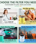 Collage of air purifier filter options for pets, toxins, and smoke with images of people, a car, and fire.