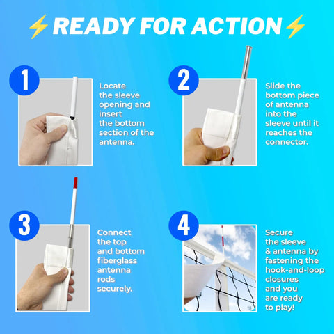 Four-step assembly guide for Portable Fiberglass Volleyball Antenna Set For Indoor And Beach Games With Foldable Poles