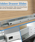 Kickass Four Pair Set Of Twelve Inch Undermount Drawer Slides With Butter Smooth Soft Close and Full Extension Concealed Runners are shown mounted under a drawer.