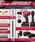 20V Cordless Power Drill Set With Dual 2000mAh Batteries 30Nm Torque 21 And 1 Clutch Settings Two Speeds Built In LED 34 Piece Accessory Kit Electric Screwdriver For Home DIY Handyman Favorite Red with batteries and accessories layout