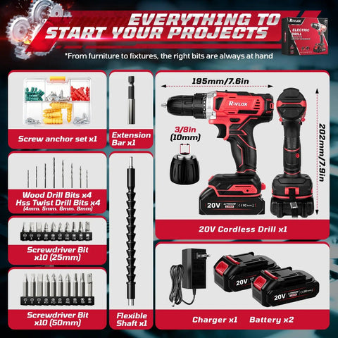 20V Cordless Power Drill Set With Dual 2000mAh Batteries 30Nm Torque 21 And 1 Clutch Settings Two Speeds Built In LED 34 Piece Accessory Kit Electric Screwdriver For Home DIY Handyman Favorite Red with batteries and accessories layout