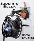 Wall-mounted multi directional garden hose reel with 360 degree rotation, bronze powder coat and storage tray, hose not included.
