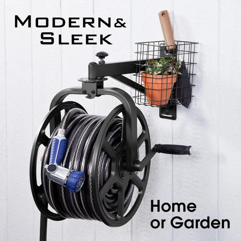 Wall-mounted multi directional garden hose reel with 360 degree rotation, bronze powder coat and storage tray, hose not included.