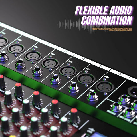 Close-up of a 16 Channel Bluetooth Mixer With USB MP3 Player And Phantom Power Built In Reverb Stereo EQ for live gigs