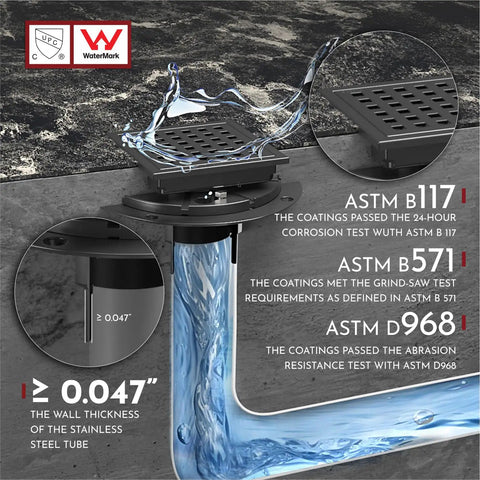 Square 4 Inch Shower Drain With Flange And Removable Quadrato Pattern Grate In Matte Black Stainless Steel 304 Watermark And CUPC Certified Heavy Duty Drain For Easy Water Flow And No Fuss Clog Prevention Fits Standard US No Hub Drain Base with ASTM certifications displayed.