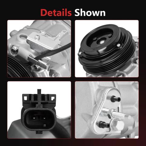 Details of Built Like A Tank AC Compressor With Clutch, showing pulley, connector, and fittings.