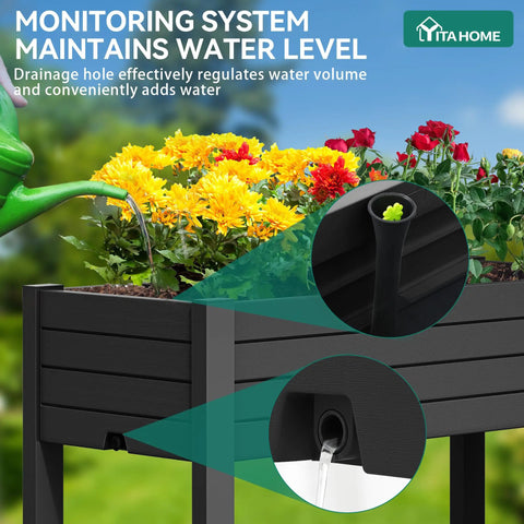 Elevated Garden Bed With Wheels And Storage Shelf For Outdoor Use Plastic Planter Box With Drain Plug Central Divider And Water Level Float System For Precise Moisture Control For Plants Vegetables Flowers And Herbs Black with monitoring system.