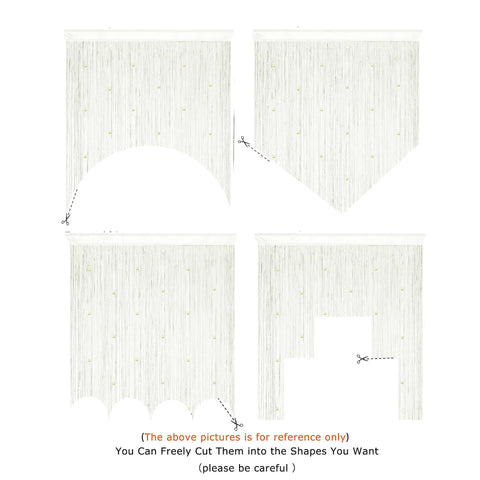 Beaded Curtain Door For Privacy And Boho Vibe, Tassel Fringe String Curtain For Doorways And Hallways, Ivory 39W X 79L, 100 Percent Polyester, Eco Friendly DIY Cuttable And Easy Install, Ideal For Bedrooms And Closets, diagram showing customizable shapes