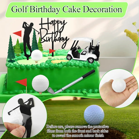 Straight Fire Golf Theme Cake Topper Set For Birthday Parties Featuring Mini Cart Clubs Ball Green Tree And Red Flag Cupcake Toppers To Knock It Out Of The Park At Your Dessert Table Bash on vibrant green cake with decorations.