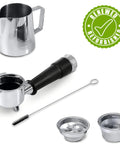 Level Up Your Brew Game With This Certified Renewed Barista Espresso Machine Featuring An Integrated Burr Grinder And Smart Tamping Station For Kickin Daily Shots That Hit Different, stainless steel milk pitcher and portafilter.
