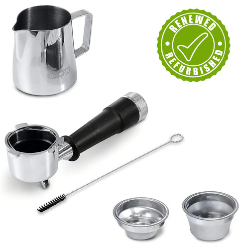 Level Up Your Brew Game With This Certified Renewed Barista Espresso Machine Featuring An Integrated Burr Grinder And Smart Tamping Station For Kickin Daily Shots That Hit Different, stainless steel milk pitcher and portafilter.