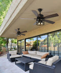 Patio view of Dope Rustic Farmhouse Ceiling Fan With Lights Retractable 36 Inch Black Industrial Cage, remote controlled.