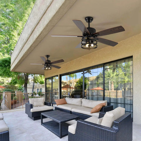 Patio view with Rustic 36 Inch Ceiling Fan With Lights And Remote, dope retractable blades in a caged design, mounted on ceiling