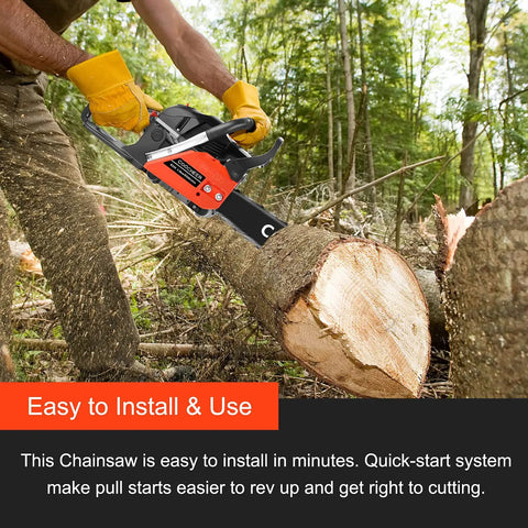 Powerful 62cc Gas Chainsaw With 20 Inch Bar For Real Tough Jobs Like Farm Clearing And Tree Trimming, 3.5 HP 2-Stroke Handheld Beast With Up To 12,000 RPM For Fast, Smooth Cuts in use cutting a log in a forest setting.