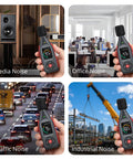 Pro-Grade Digital Sound Level Meter With Data Logger handheld noise meter shown measuring media, office, traffic and industrial noise