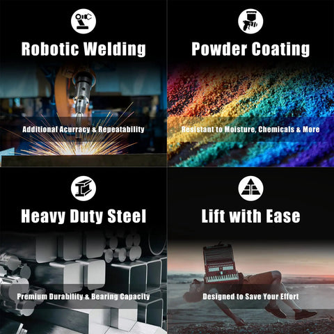 Four panels showing features of the 32 Ton Hydraulic Bottle Jack With Pressure Gauge And Slow Release: robotic welding, powder coating, heavy duty steel, and easy lifting.